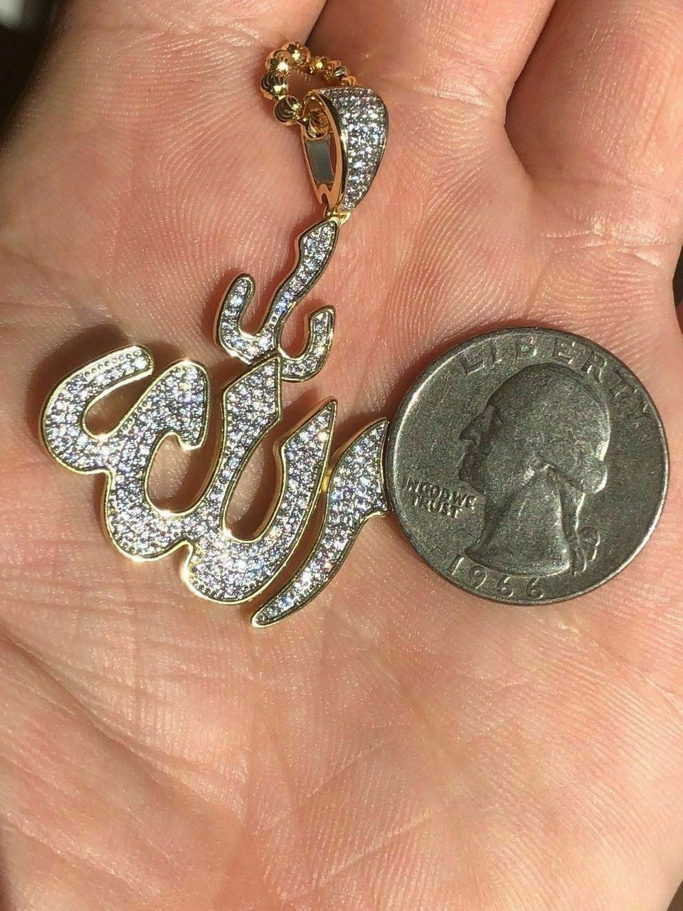 HarlemBling Mens Allah Islam Pendant 1ct Diamond 14K Gold Over Solid 925 Silver REAL ICY