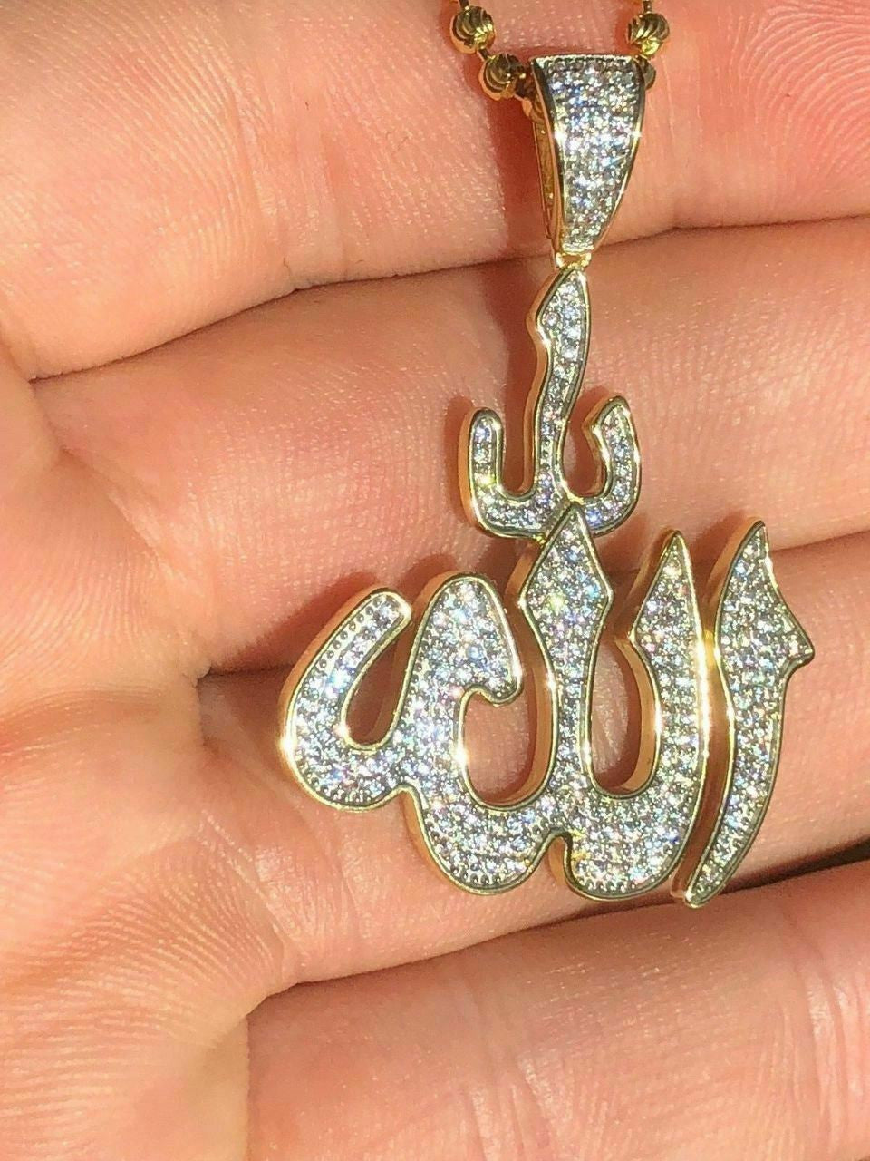 HarlemBling Mens Allah Islam Pendant 1ct Diamond 14K Gold Over Solid 925 Silver REAL ICY