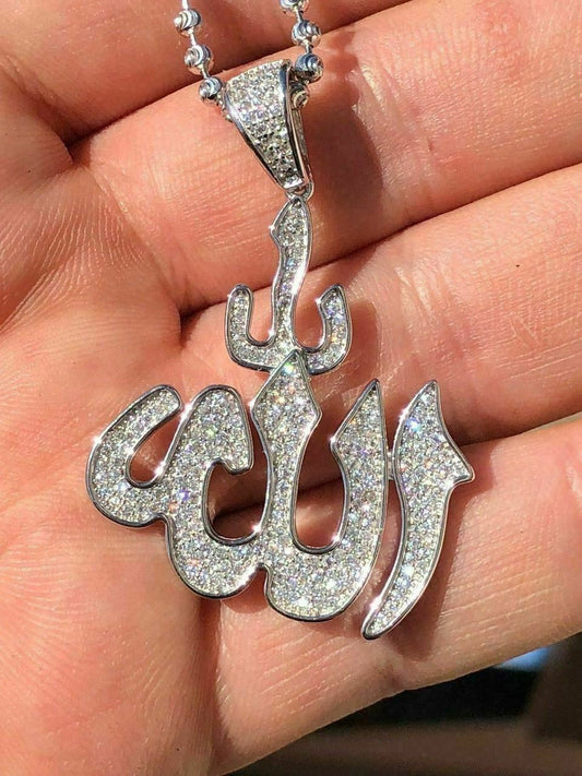 HarlemBling Mens Allah Islam Pendant 1ct Man Made Diamond Solid Sterling Silver 925 Diamond