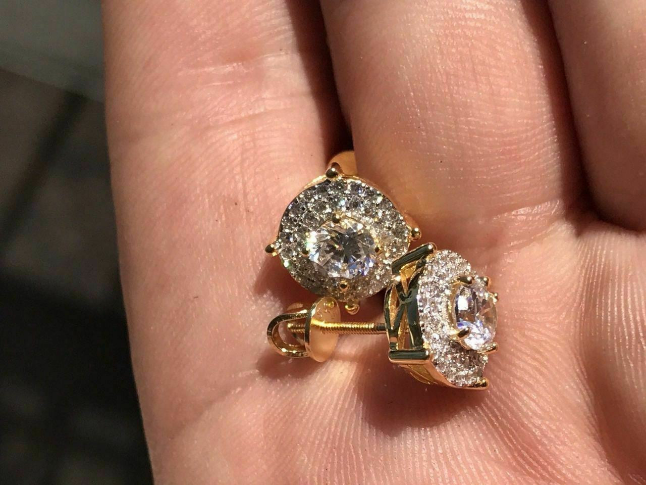 HarlemBling Mens and Womens 14k Gold Plated Sterling Silver 3/8 1.5ct Lab Diamond Earrings