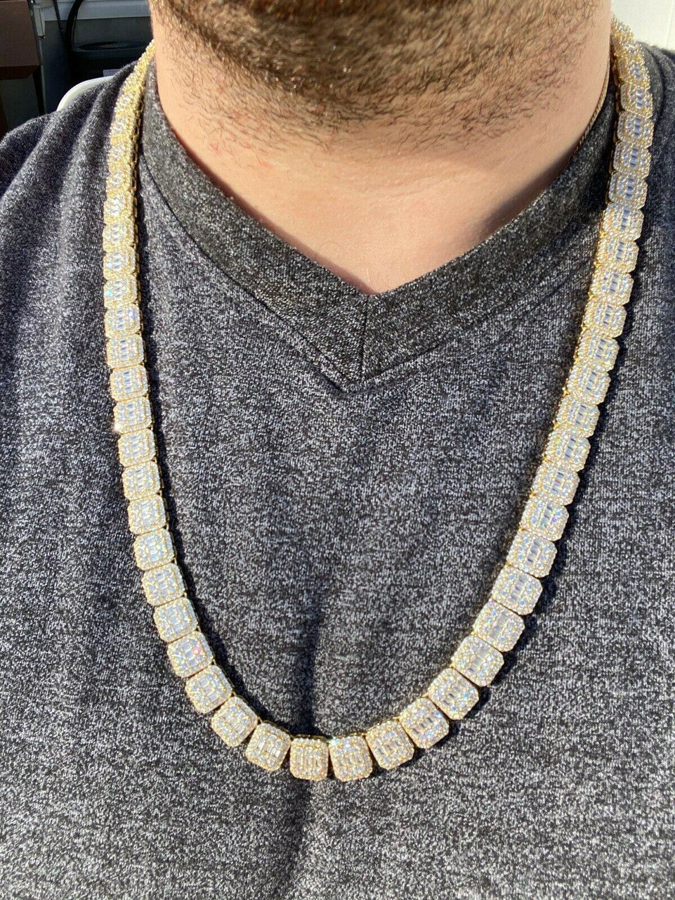 HarlemBling Mens Baguette Chain Real Solid 925 Silver 14k Gold Finish Iced Diamonds 18-30