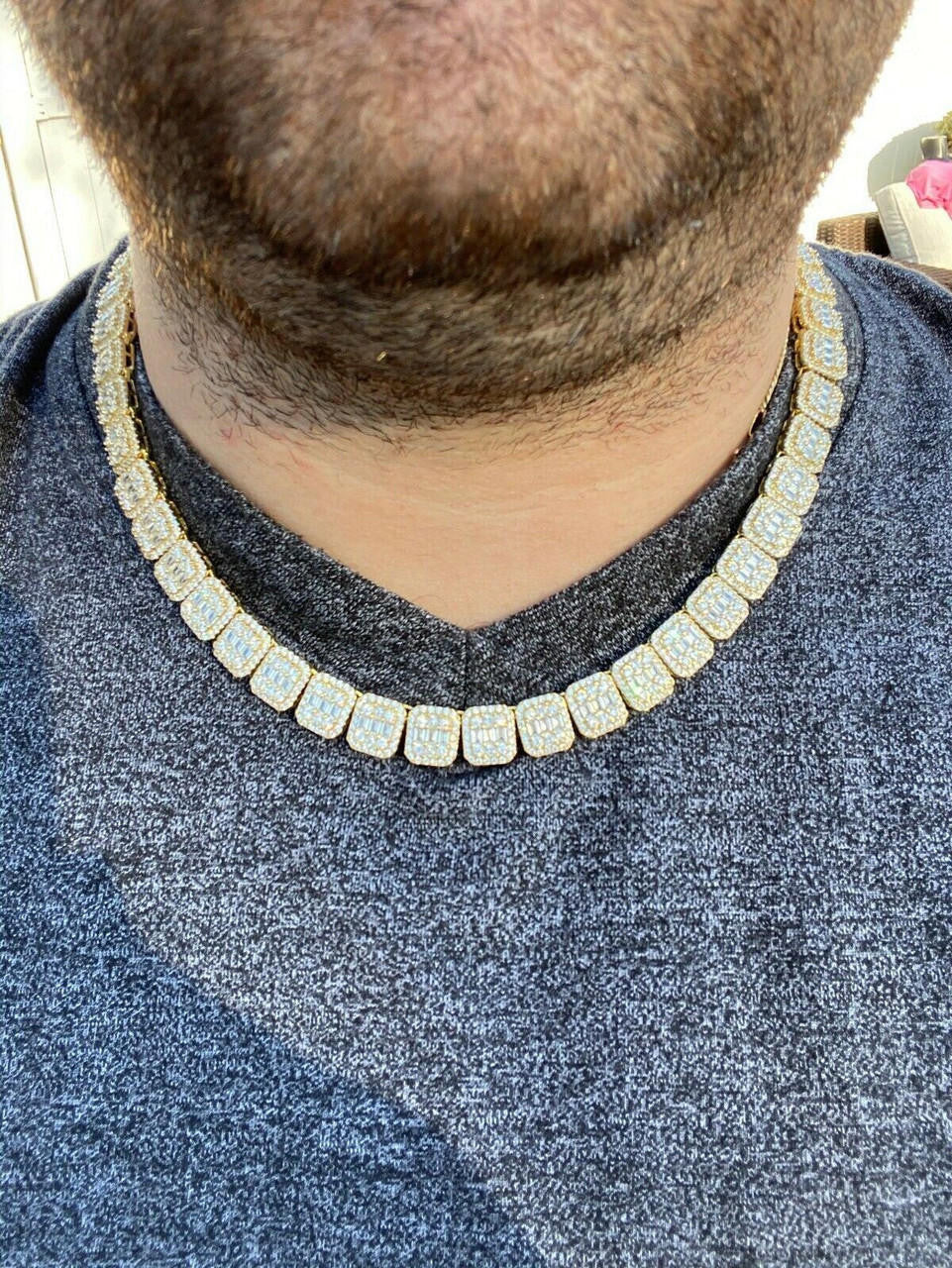 HarlemBling Mens Baguette Chain Real Solid 925 Silver 14k Gold Finish Iced Diamonds 18-30