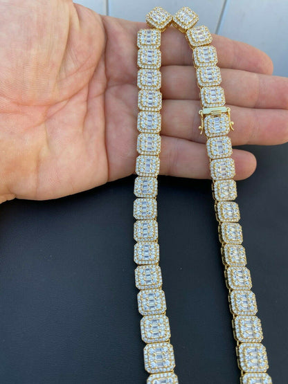 HarlemBling Mens Baguette Chain Real Solid 925 Silver 14k Gold Finish Iced Diamonds 18-30