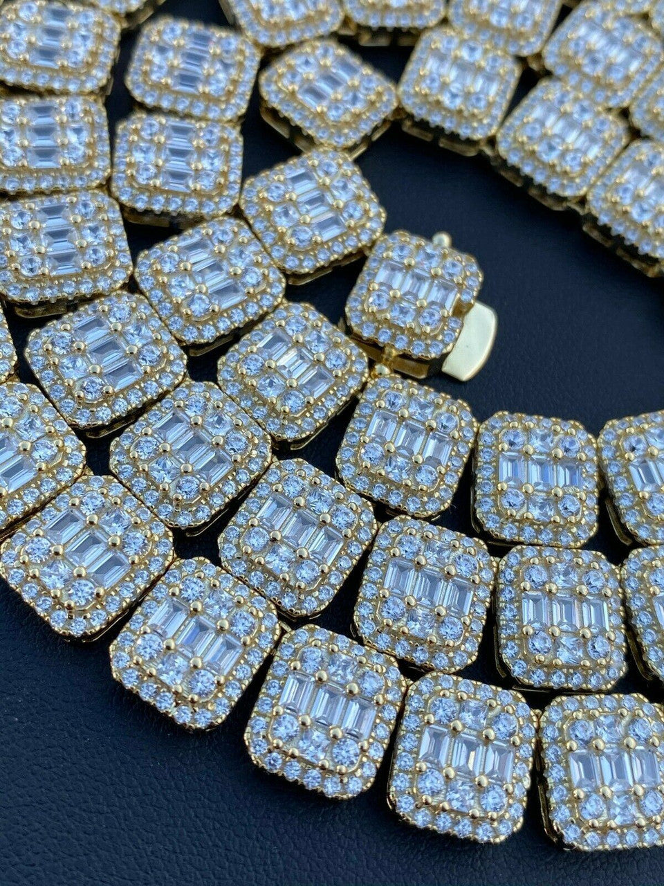 HarlemBling Mens Baguette Chain Real Solid 925 Silver 14k Gold Finish Iced Diamonds 18-30