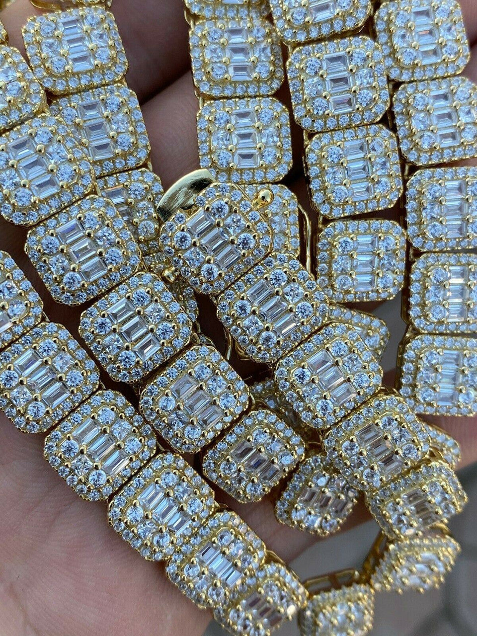 HarlemBling Mens Baguette Chain Real Solid 925 Silver 14k Gold Finish Iced Diamonds 18-30