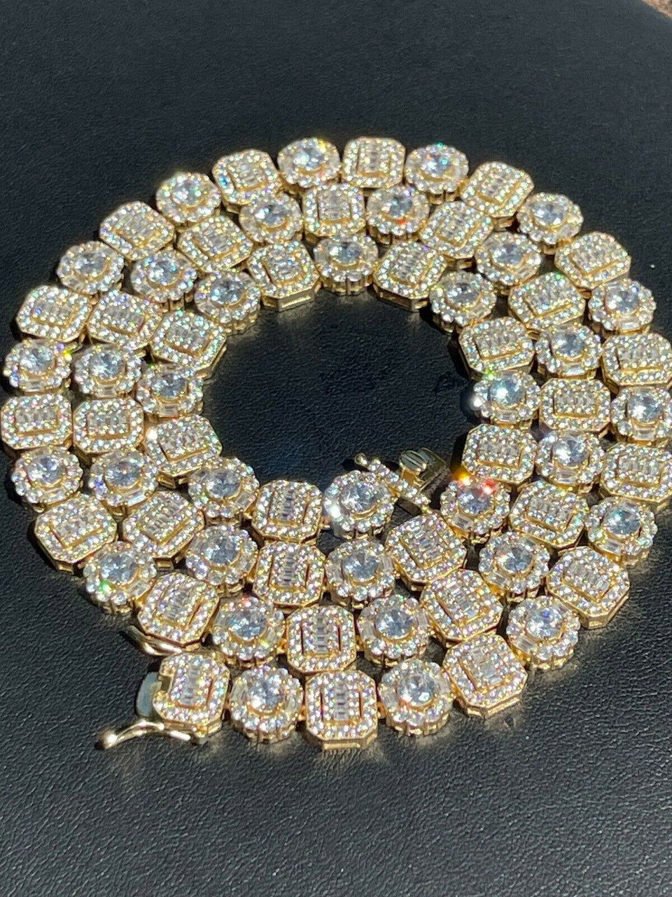 HarlemBling Mens Baguette Tennis Chain 14k Gold and Solid 925 Silver Iced Fully Out Diamond