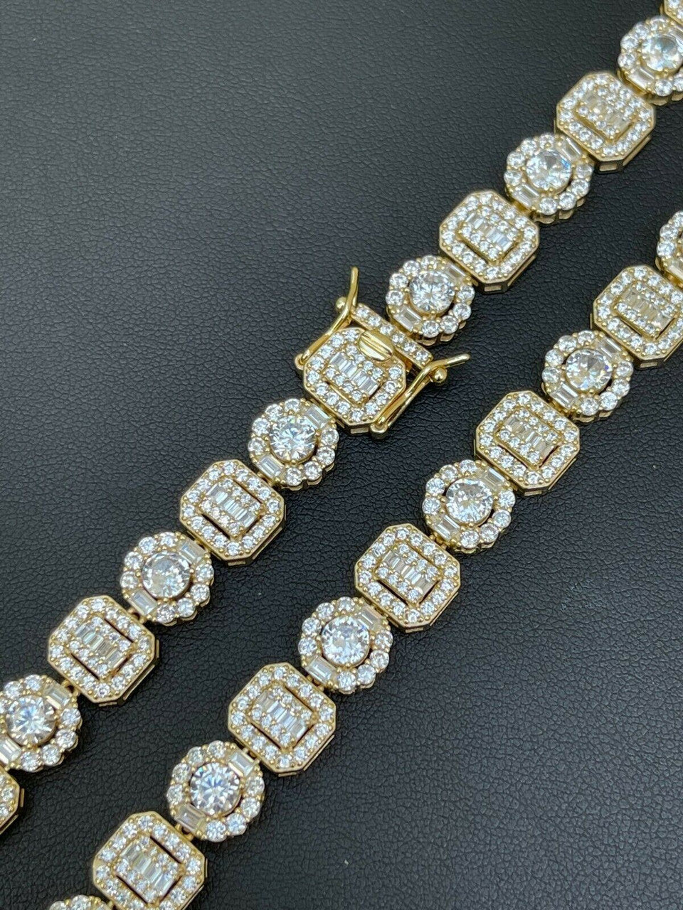 HarlemBling Mens Baguette Tennis Chain 14k Gold and Solid 925 Silver Iced Fully Out Diamond