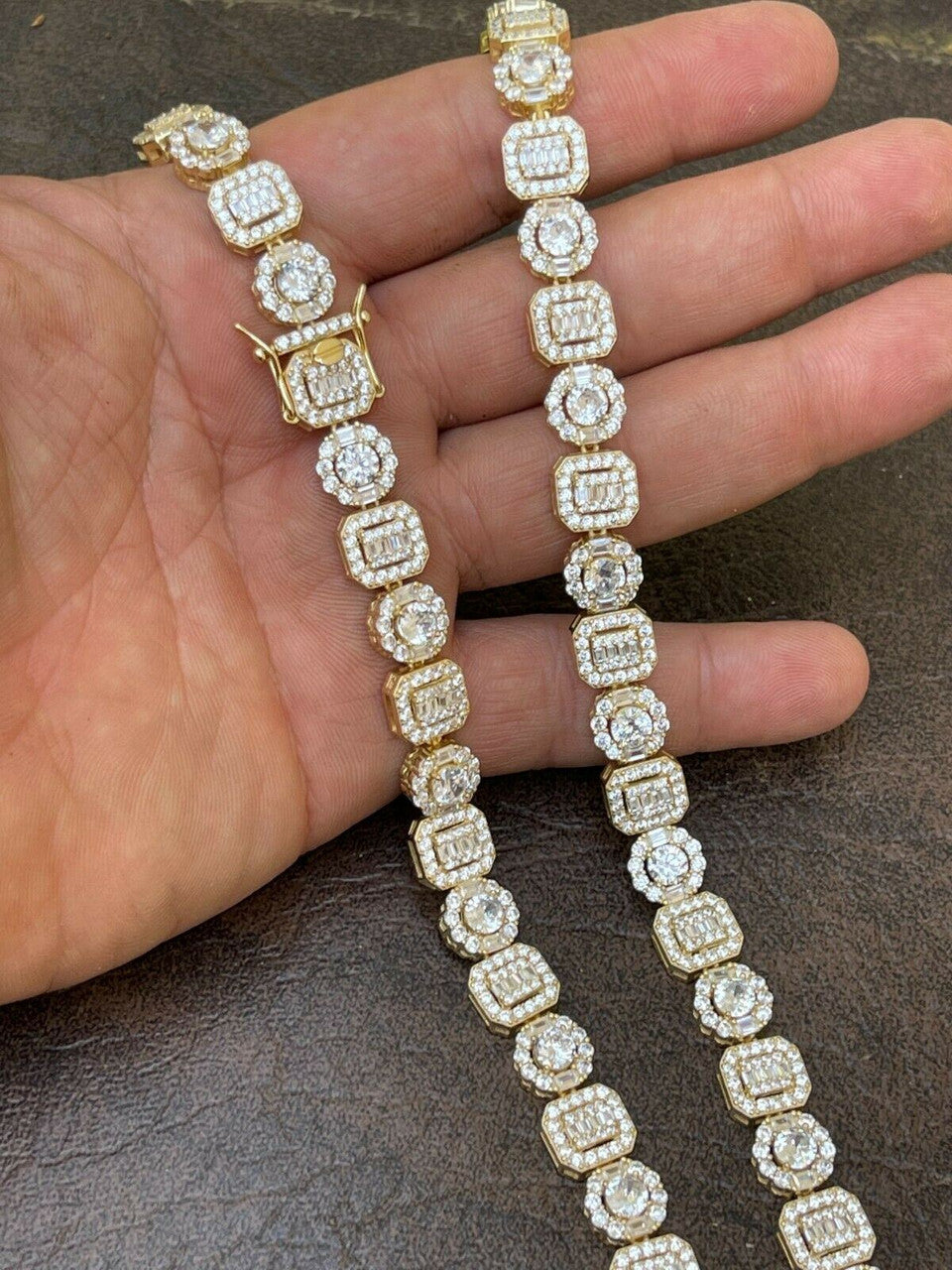 HarlemBling Mens Baguette Tennis Chain 14k Gold and Solid 925 Silver Iced Fully Out Diamond