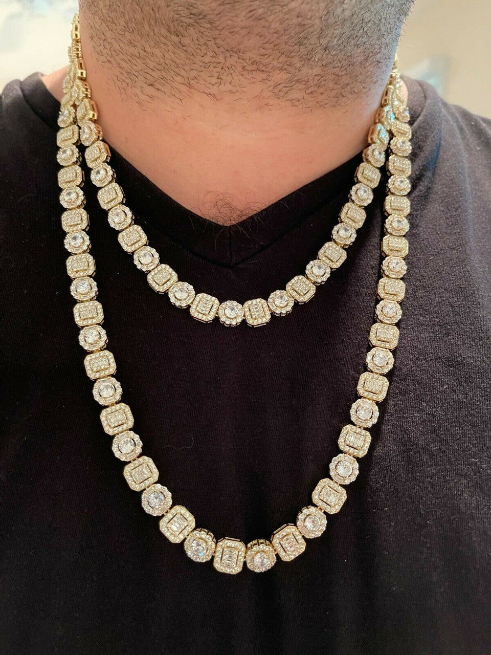 HarlemBling Mens Baguette Tennis Chain 14k Gold and Solid 925 Silver Iced Fully Out Diamond