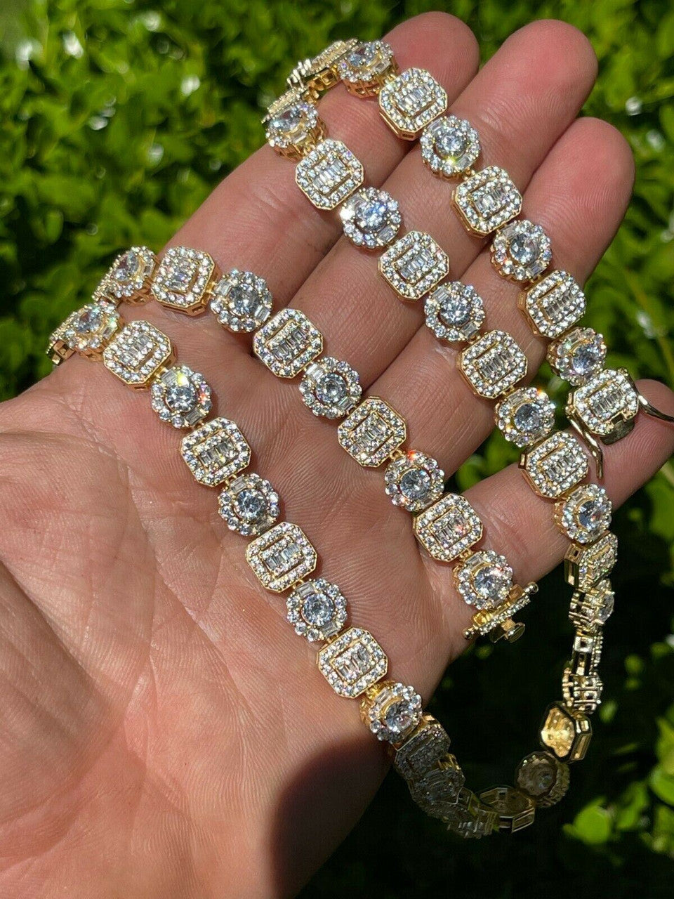 HarlemBling Mens Baguette Tennis Chain 14k Gold and Solid 925 Silver Iced Fully Out Diamond