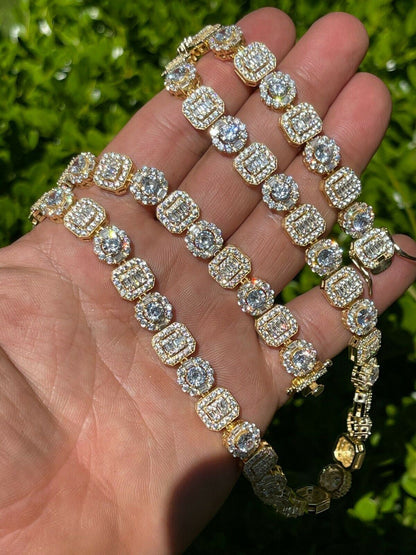 HarlemBling Mens Baguette Tennis Chain 14k Gold and Solid 925 Silver Iced Fully Out Diamond