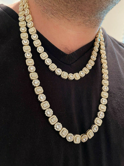 HarlemBling Mens Baguette Tennis Chain 14k Gold and Solid 925 Silver Iced Fully Out Diamond