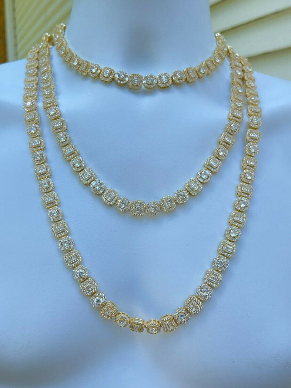 HarlemBling Mens Baguette Tennis Chain 14k Gold and Solid 925 Silver Iced Fully Out Diamond