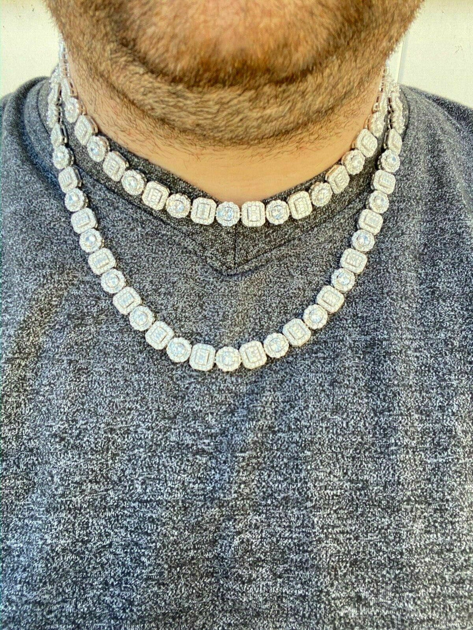 HarlemBling Mens Baguette Tennis Chain Real Solid 925 Silver Iced Fully Flooded Out Diamond