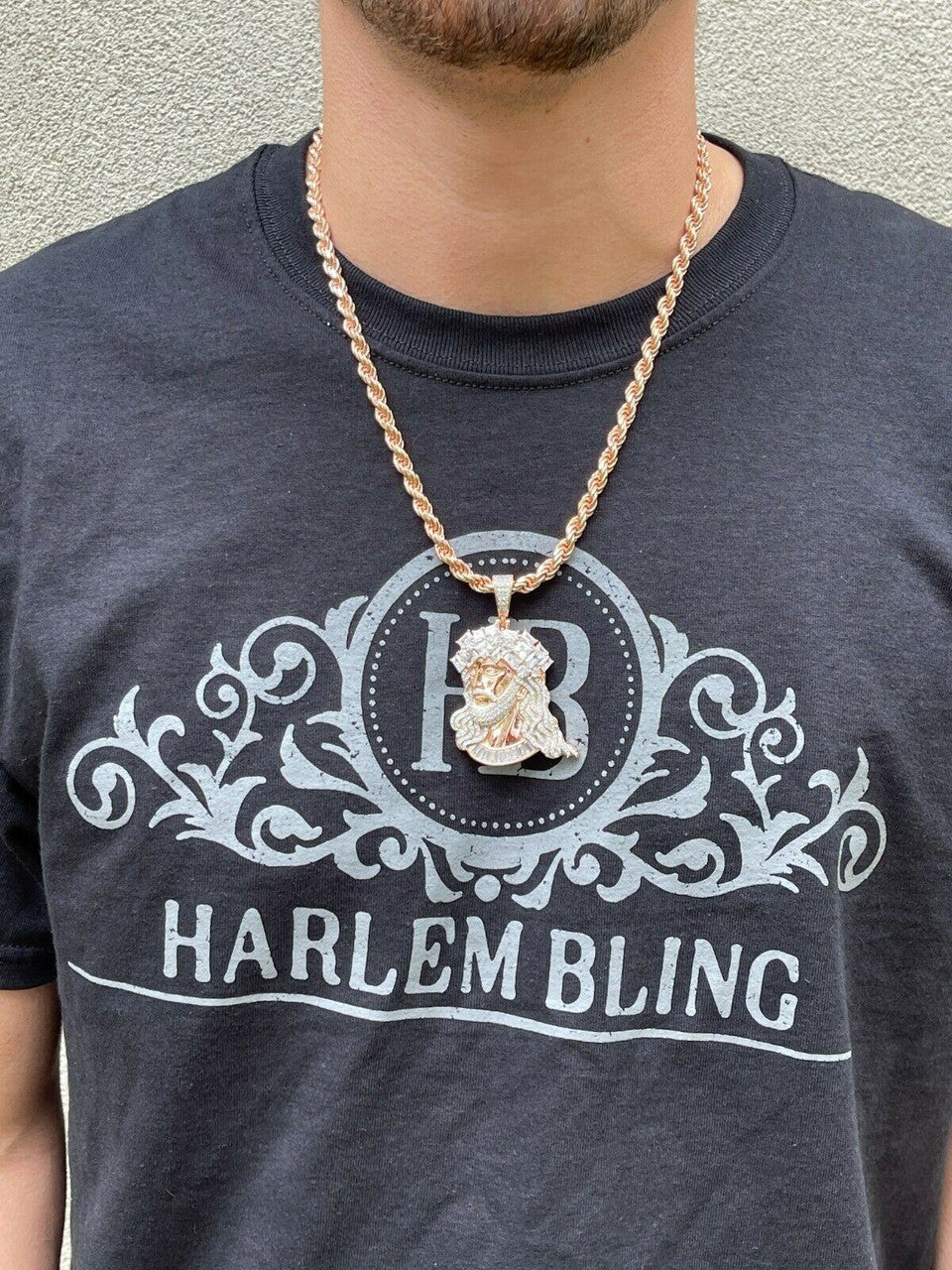 HarlemBling Mens Big 925 Silver Yellow Rose Gold Jesus Piece Iced Necklace Baguette Diamond