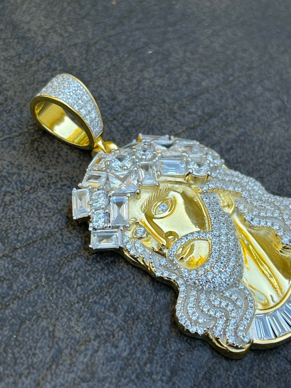 HarlemBling Mens Big 925 Silver Yellow Rose Gold Jesus Piece Iced Necklace Baguette Diamond