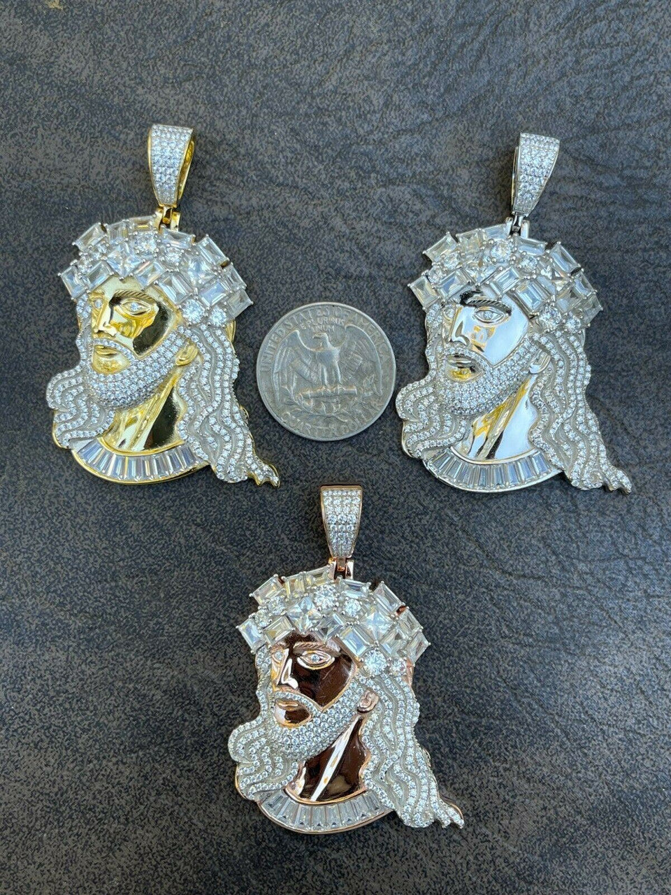 HarlemBling Mens Big 925 Silver Yellow Rose Gold Jesus Piece Iced Necklace Baguette Diamond