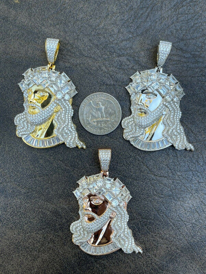 HarlemBling Mens Big 925 Silver Yellow Rose Gold Jesus Piece Iced Necklace Baguette Diamond