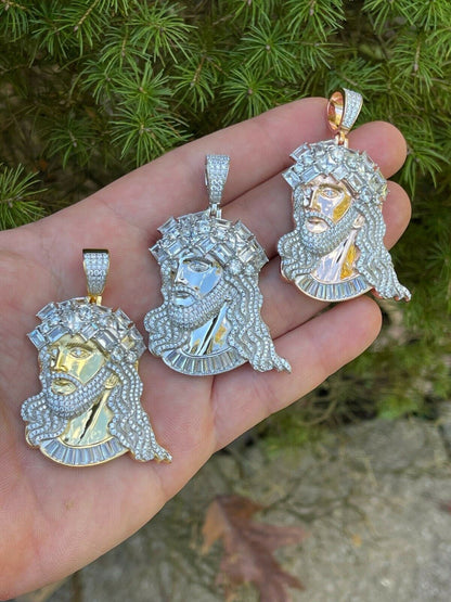 HarlemBling Mens Big 925 Silver Yellow Rose Gold Jesus Piece Iced Necklace Baguette Diamond