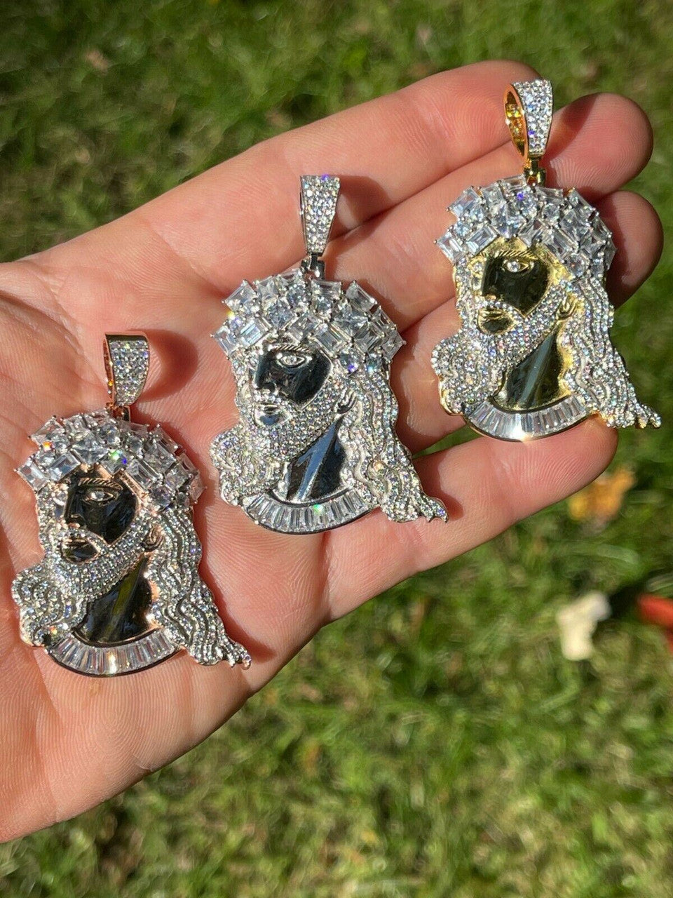 HarlemBling Mens Big 925 Silver Yellow Rose Gold Jesus Piece Iced Necklace Baguette Diamond
