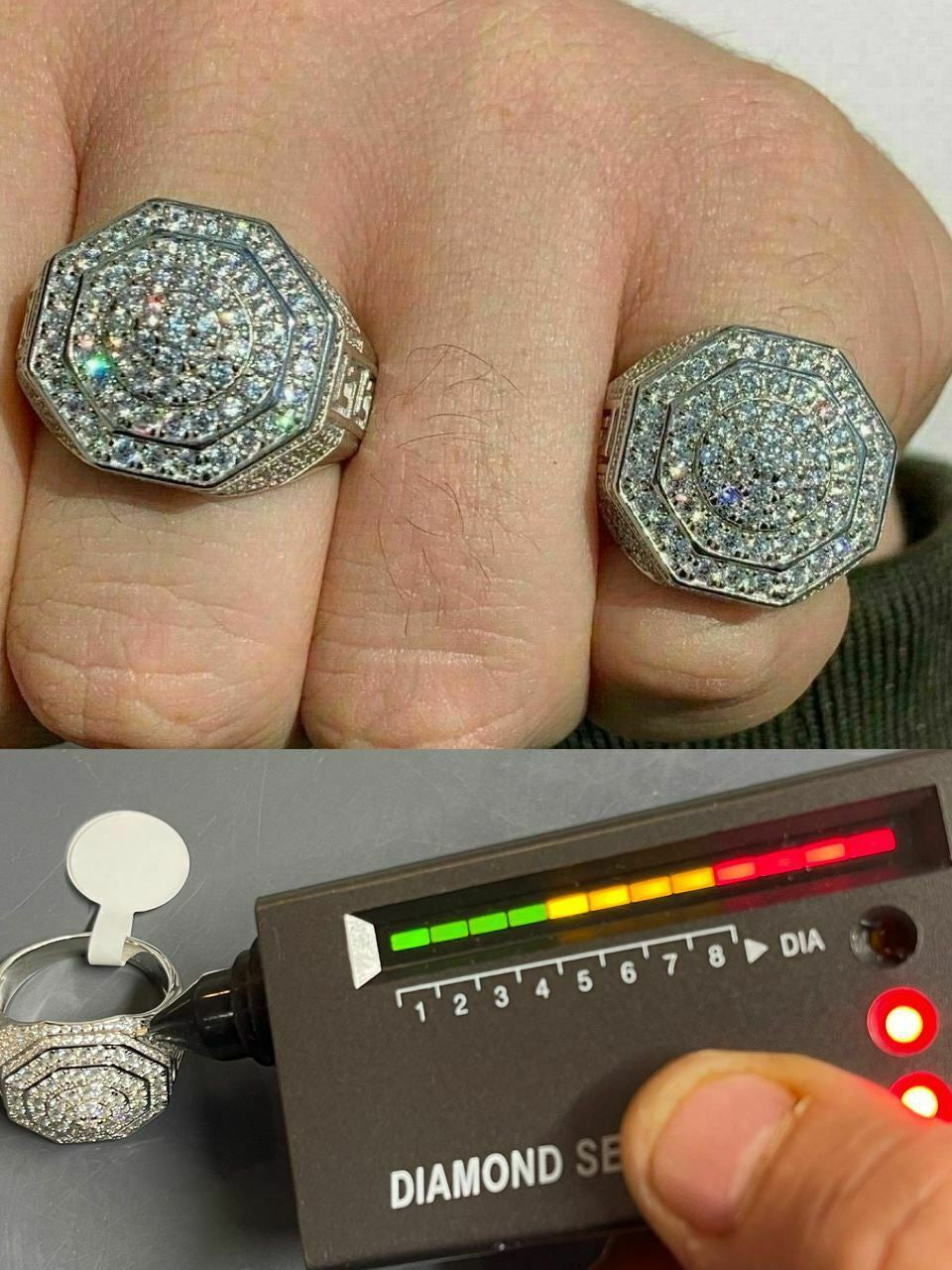HarlemBling Mens Big Solid 925 Silver Hip Hop RING Iced Real Moissanite Pass Diamond Tester