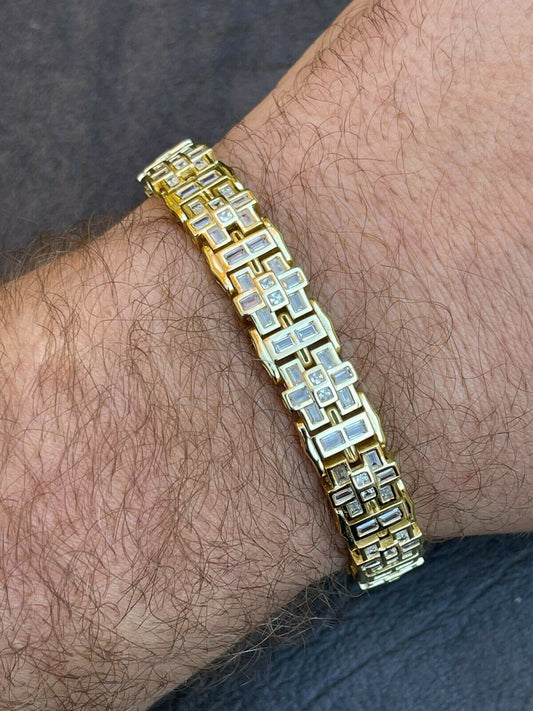 HarlemBling Mens Bracelet 14k Gold Vermeil 925 Sterling Silver Iced Baguette Diamond Hip Hop