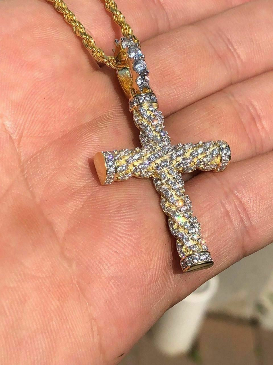 HarlemBling Mens Braided Rope Cross 1ct CZ W Chain 1x2 Pendant 14k Gold Solid 925 Silver