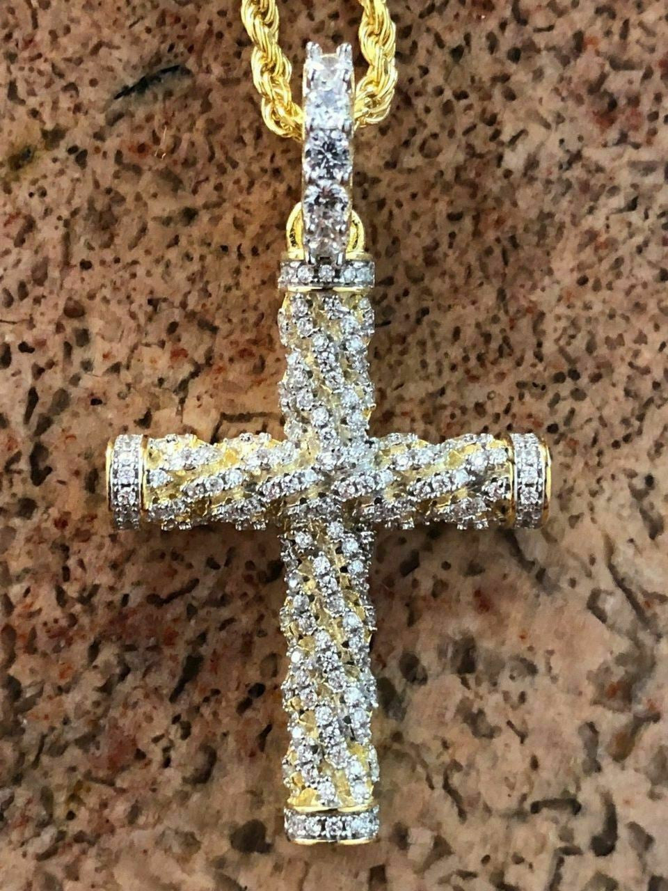 HarlemBling Mens Braided Rope Cross 1ct CZ W Chain 1x2 Pendant 14k Gold Solid 925 Silver