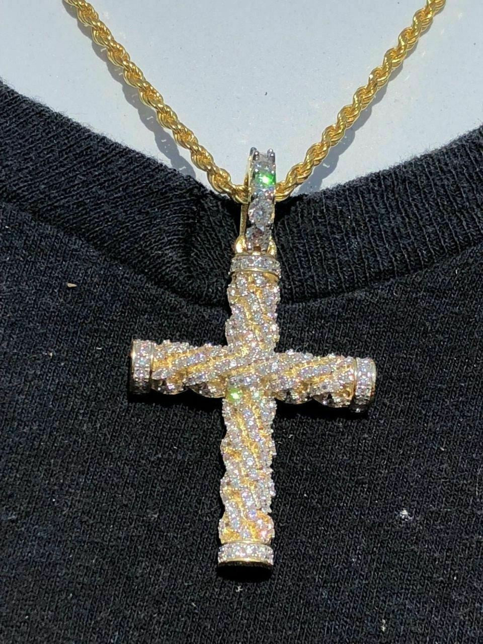 HarlemBling Mens Braided Rope Cross 1ct CZ W Chain 1x2 Pendant 14k Gold Solid 925 Silver