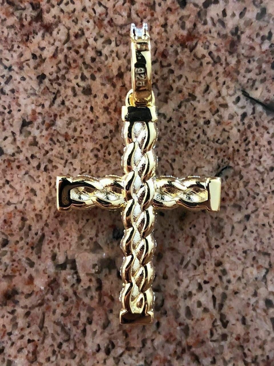 HarlemBling Mens Braided Rope Cross 1ct CZ W Chain 1x2 Pendant 14k Gold Solid 925 Silver