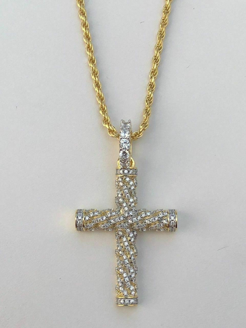 HarlemBling Mens Braided Rope Cross 1ct CZ W Chain 1x2 Pendant 14k Gold Solid 925 Silver