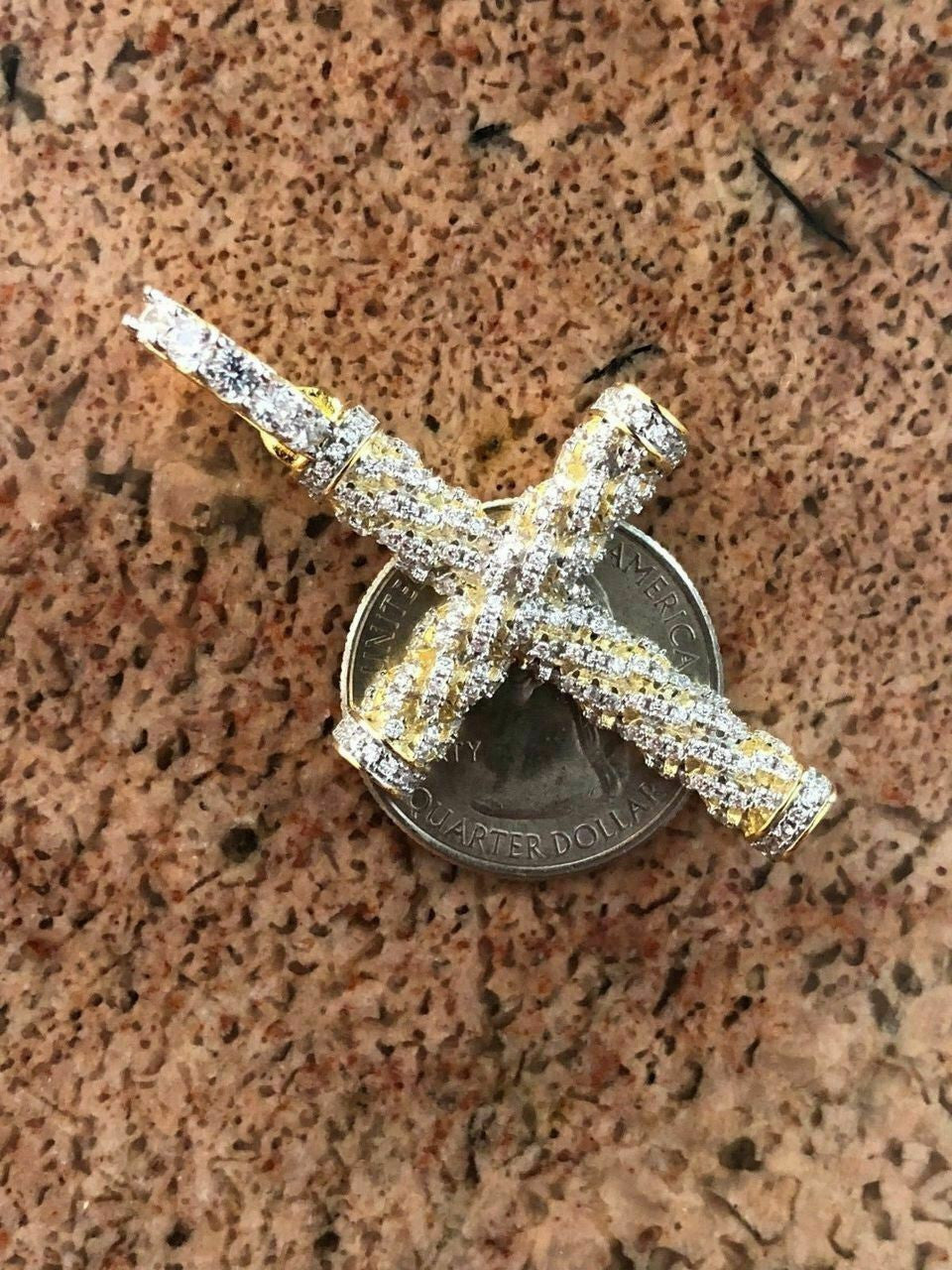 HarlemBling Mens Braided Rope Cross 1ct CZ W Chain 1x2 Pendant 14k Gold Solid 925 Silver