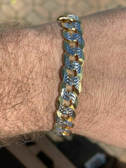 HarlemBling Mens Cuban Bracelet Diamond Cut Two Tone Real 14k Gold and Solid 925 Silver 11mm