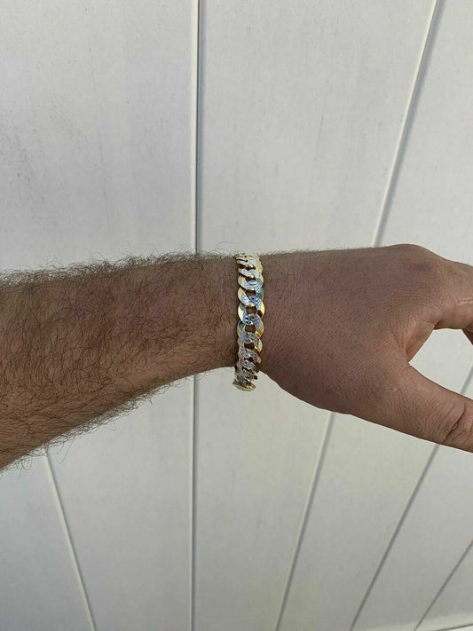 HarlemBling Mens Cuban Bracelet Diamond Cut Two Tone Real 14k Gold and Solid 925 Silver 11mm