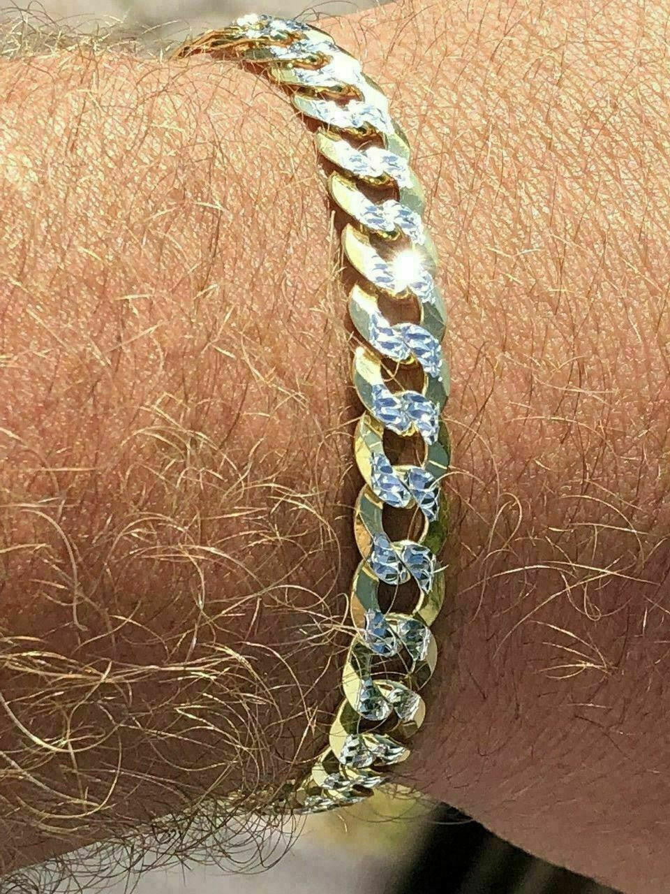 HarlemBling Mens Cuban Bracelet Diamond Cut Two Tone Real 14k Gold and Solid 925 Silver Italy
