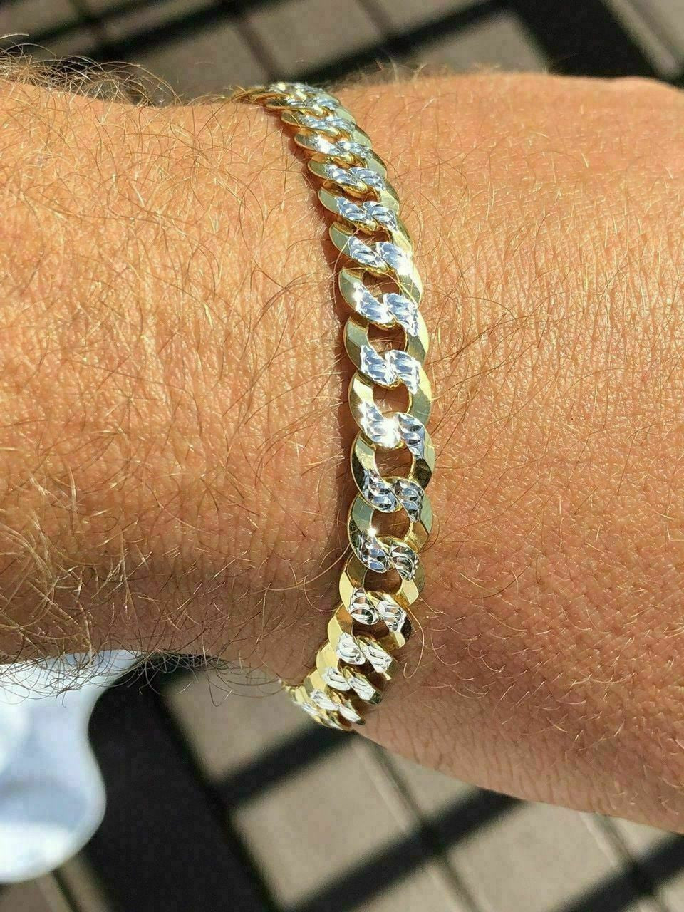 HarlemBling Mens Cuban Bracelet Diamond Cut Two Tone Real 14k Gold and Solid 925 Silver Italy