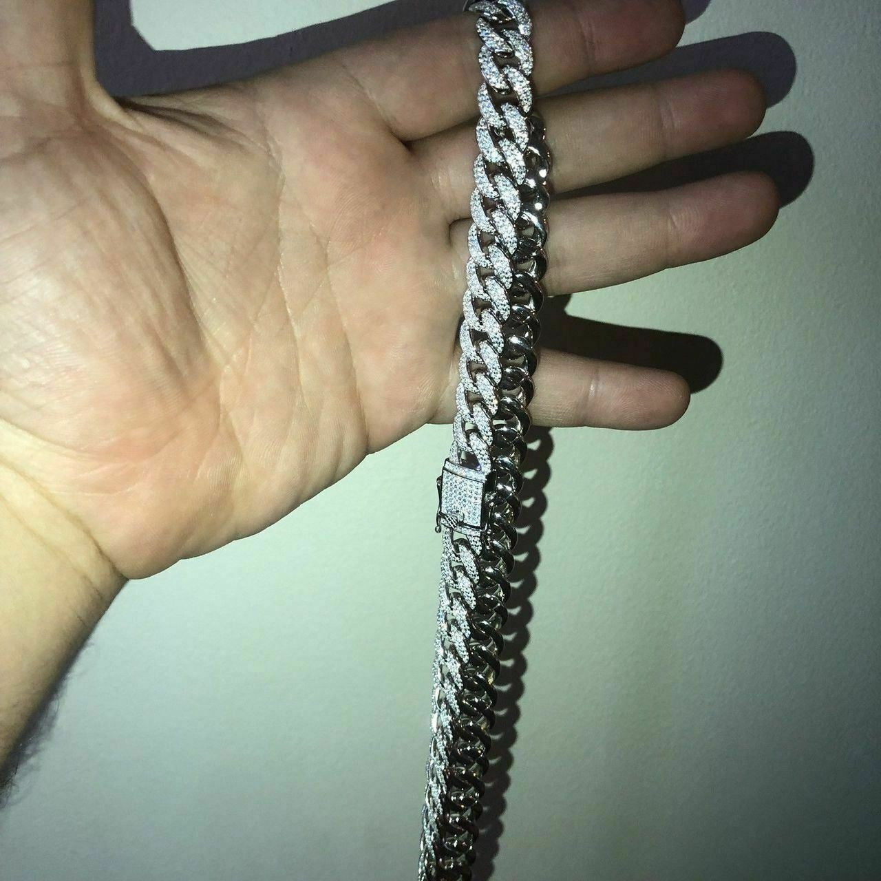 HarlemBling Mens Cuban Miami Link 12mm Chain 925 Silver 40-60ct Man Made Diamonds 18-30