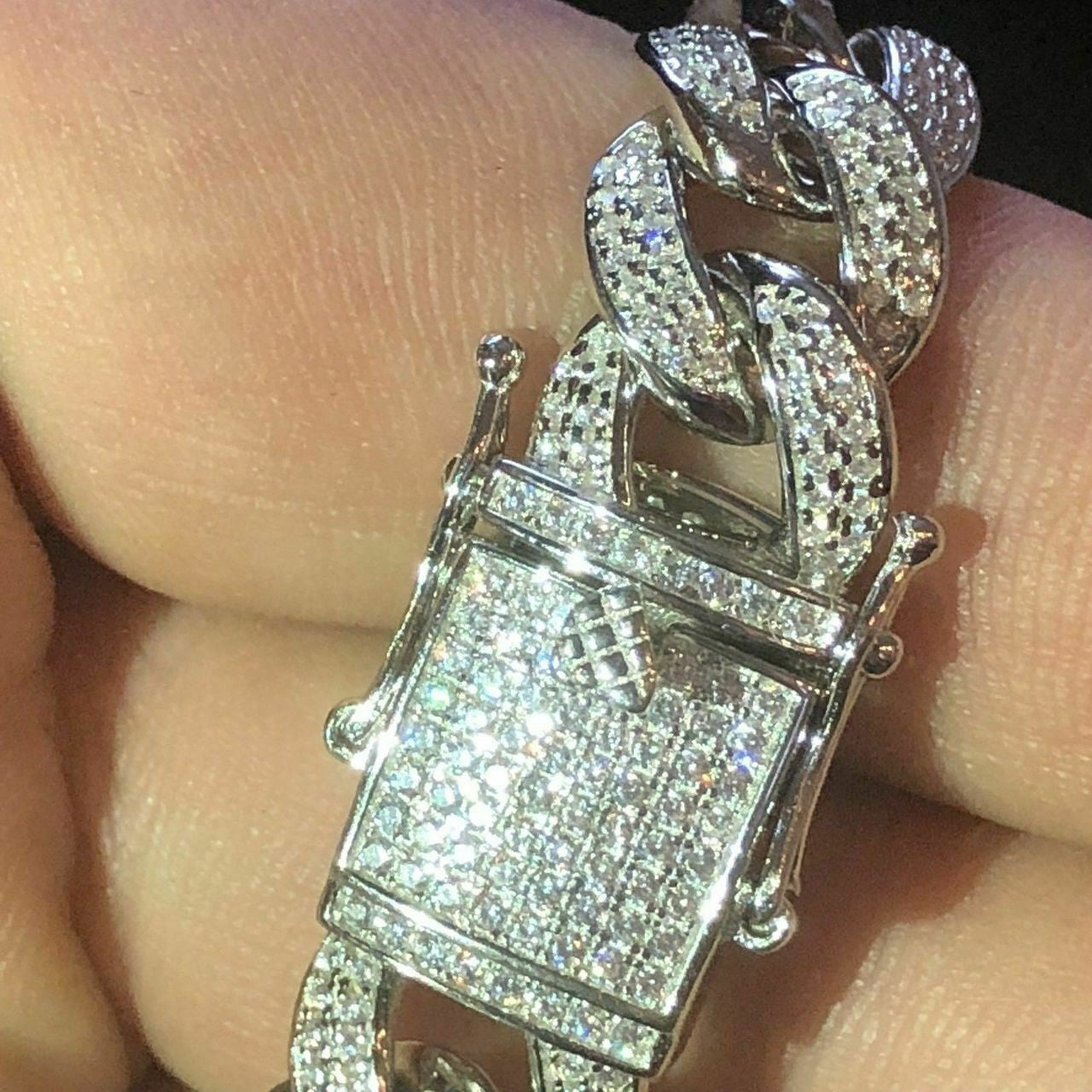 HarlemBling Mens Cuban Miami Link 12mm Chain 925 Silver 40-60ct Man Made Diamonds 18-30