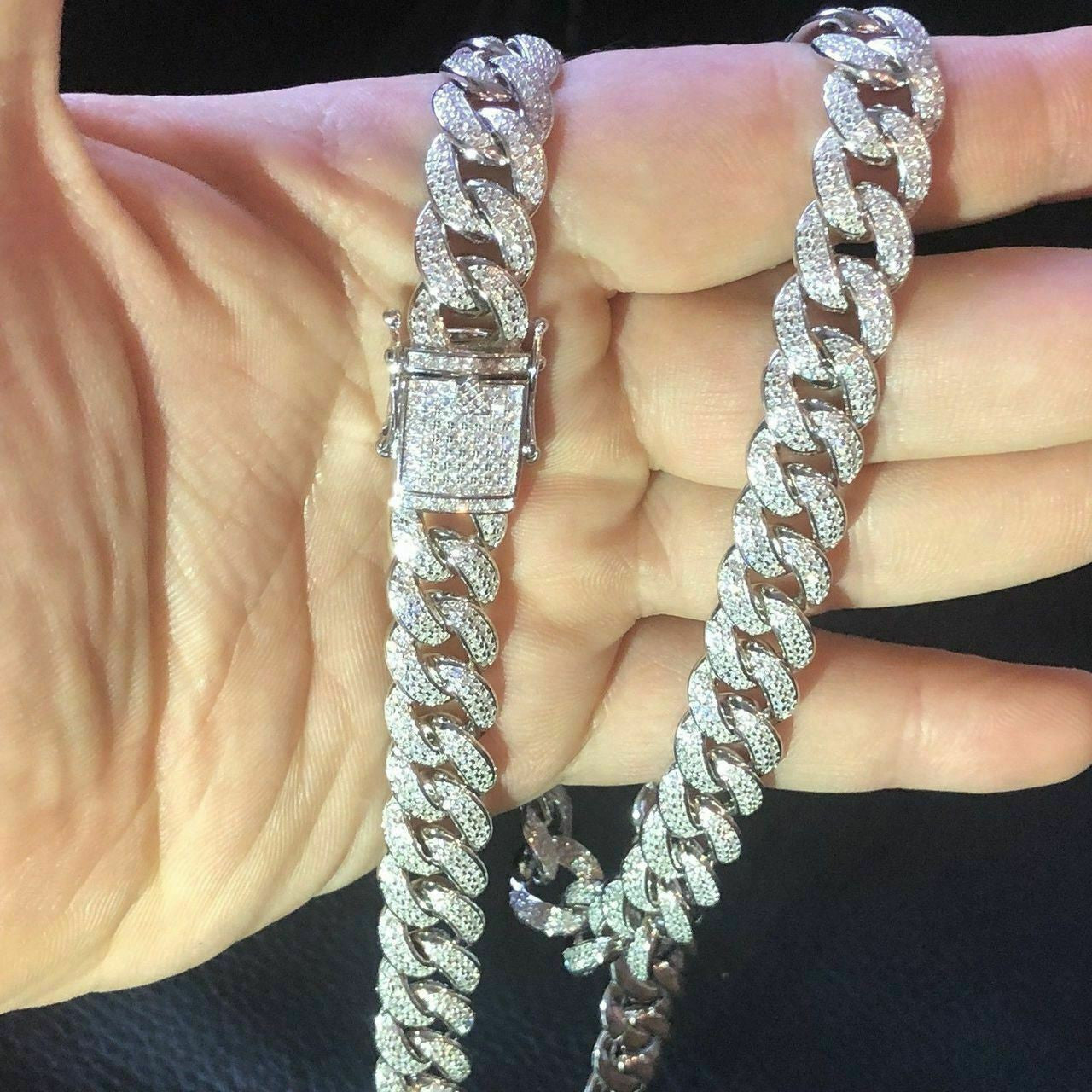 HarlemBling Mens Cuban Miami Link 12mm Chain 925 Silver 40-60ct Man Made Diamonds 18-30