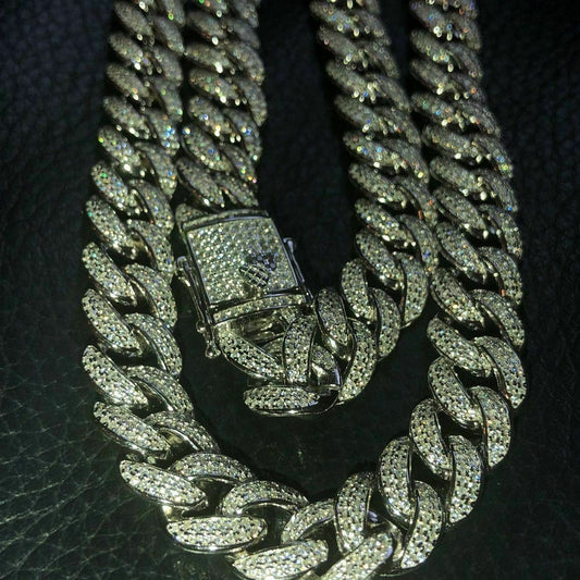HarlemBling Mens Cuban Miami Link 12mm Chain 925 Silver 40-60ct Man Made Diamonds 18-30