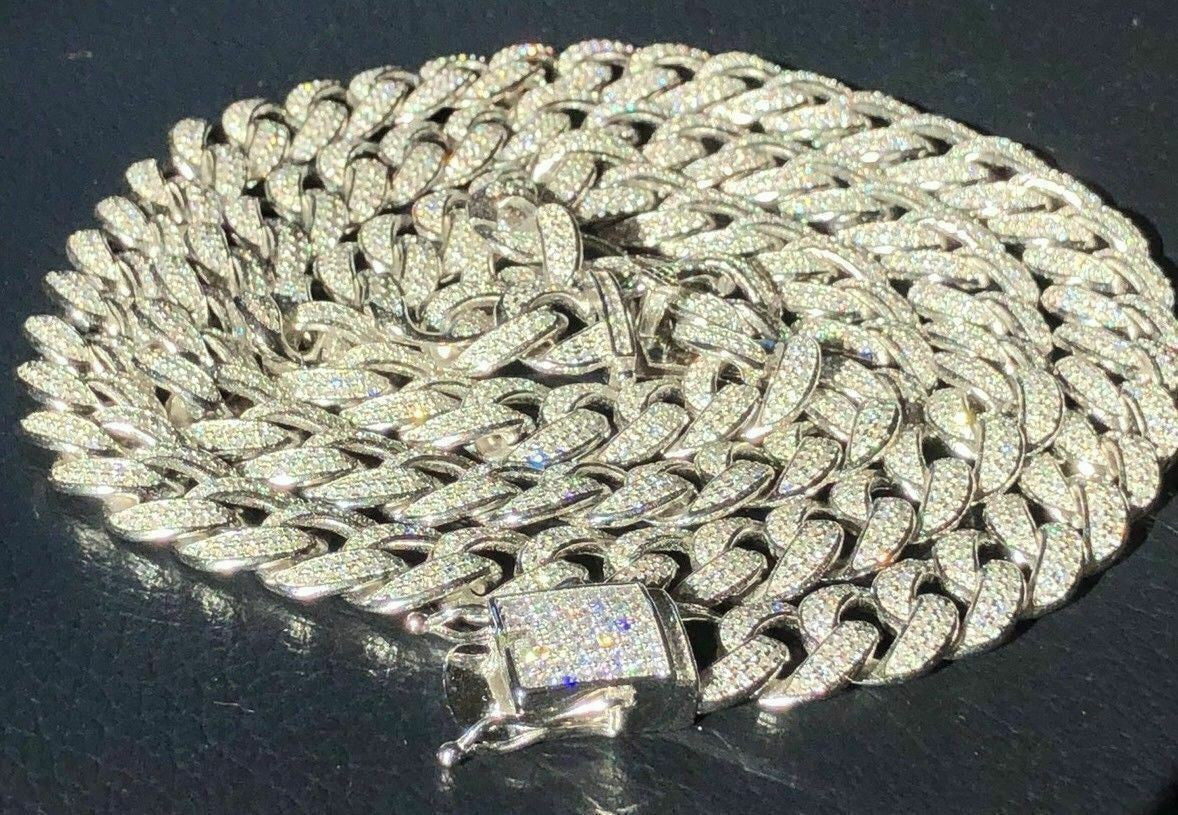 HarlemBling Mens Cuban Miami Link 12mm Chain 925 Silver 40-60ct Man Made Diamonds 18-30
