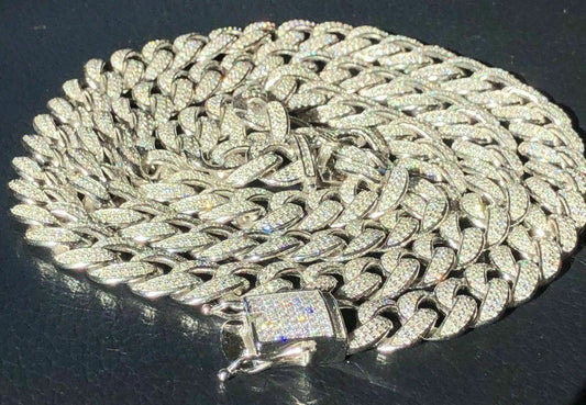 HarlemBling Mens Cuban Miami Link 12mm Chain 925 Silver 40-60ct Man Made Diamonds 18-30