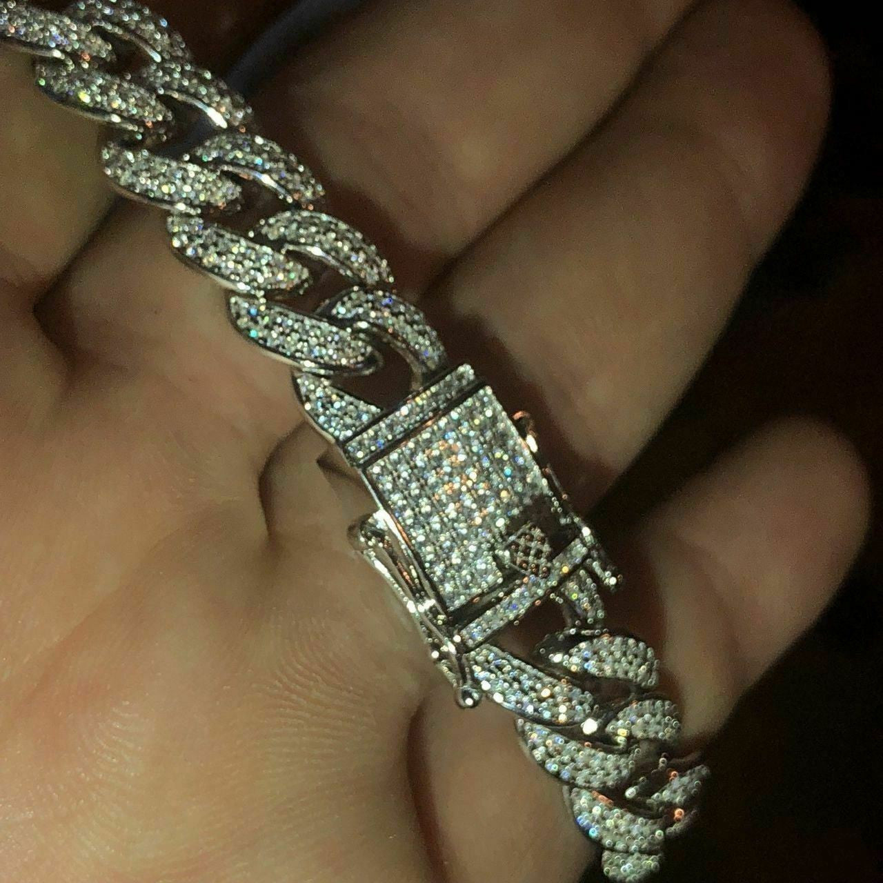HarlemBling Mens Cuban Miami Link 12mm Chain 925 Silver 40-60ct Man Made Diamonds 18-30