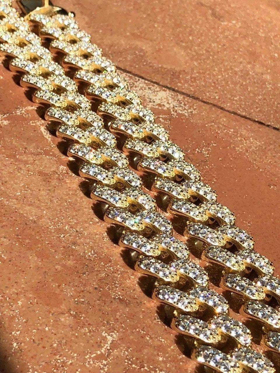 HarlemBling Mens Cuban Miami Link 15mm Chain 14k Yellow Gold Over Solid 925 Silver Diamonds