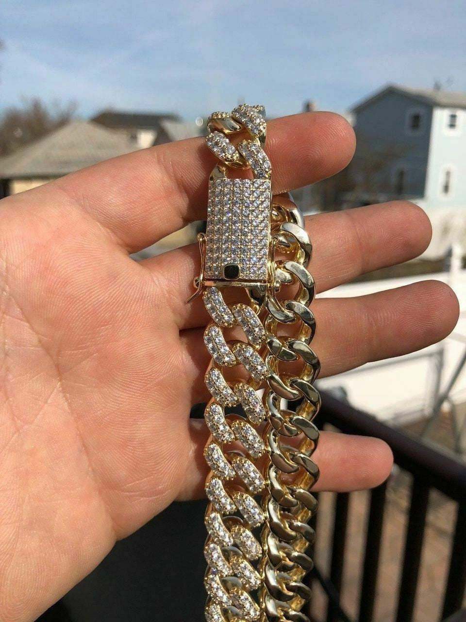 HarlemBling Mens Cuban Miami Link 15mm Chain 14k Yellow Gold Over Solid 925 Silver Diamonds