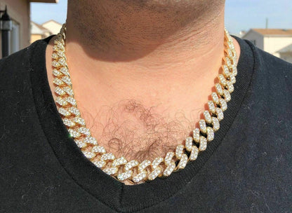 HarlemBling Mens Cuban Miami Link 15mm Chain 14k Yellow Gold Over Solid 925 Silver Diamonds