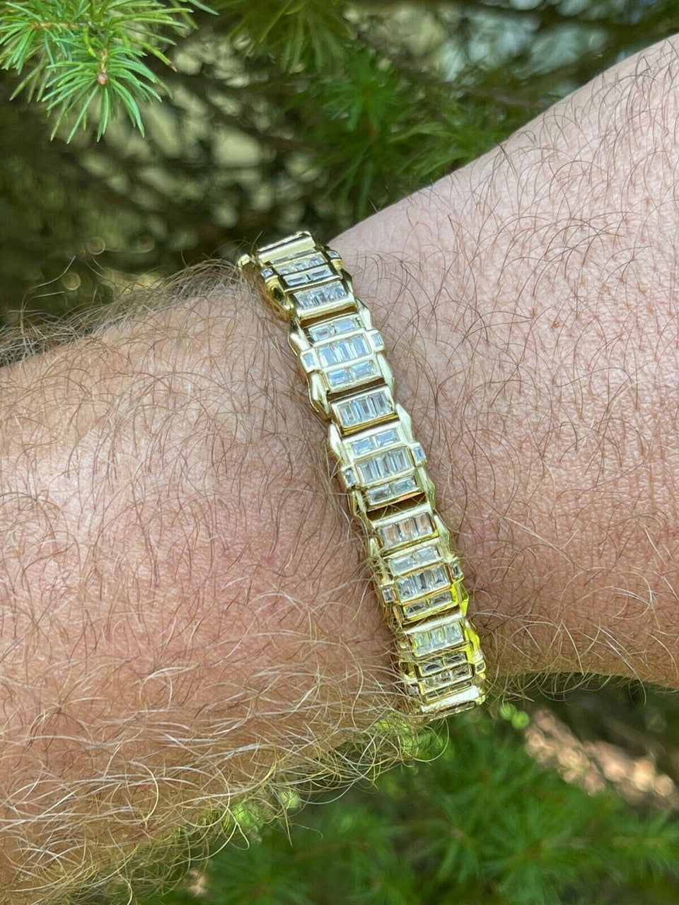 HarlemBling Mens Custom 14K Gold Vermeil Real 925 Silver Bracelet Iced Baguette Diamond Out