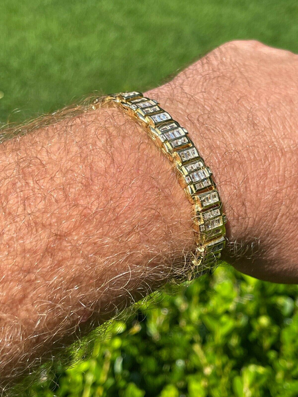 HarlemBling Mens Custom 14K Gold Vermeil Real 925 Silver Bracelet Iced Baguette Diamond Out