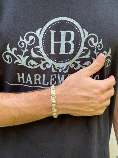 HarlemBling Mens Custom 14K Gold Vermeil Real 925 Silver Bracelet Iced Baguette Diamond Out