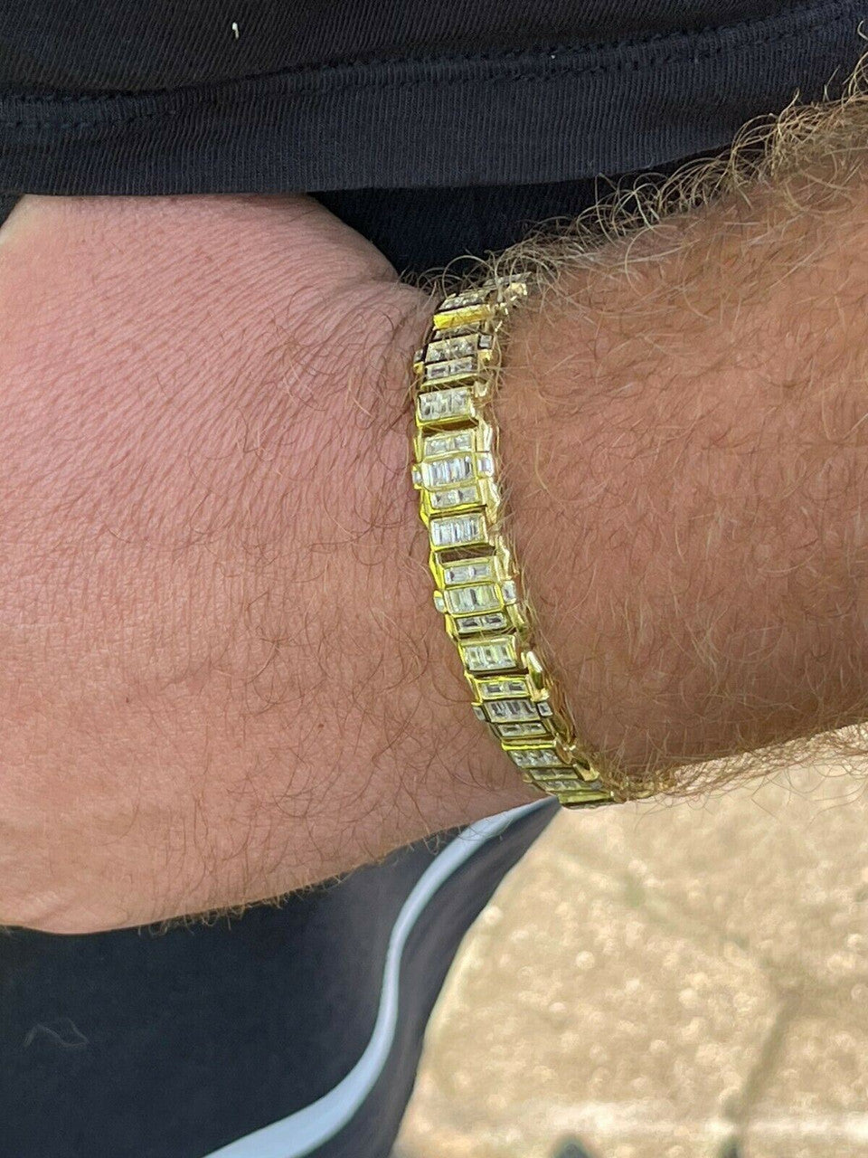 HarlemBling Mens Custom 14K Gold Vermeil Real 925 Silver Bracelet Iced Baguette Diamond Out